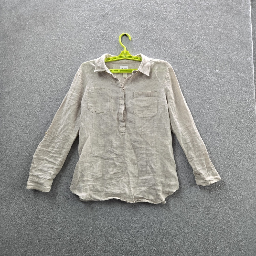 Chico's Women Button Up Shirt 1 Beige Linen Collared Front Coastal Beachy